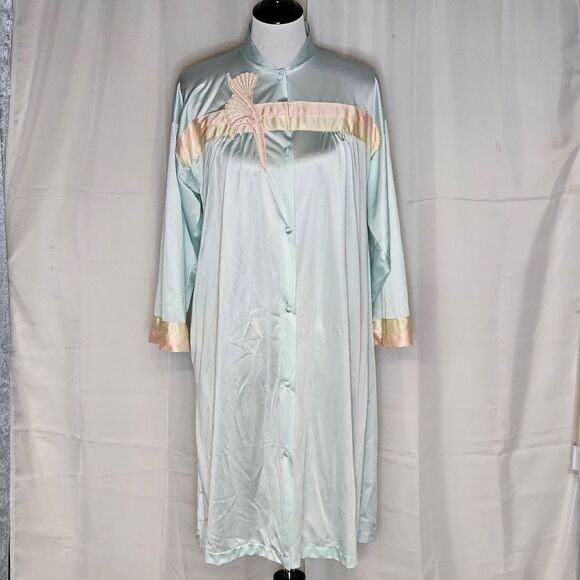 Vanity Fair Vintage Pastel Blue Green Fan Flower Button Front Dressing Gown Robe - Picture 1 of 8